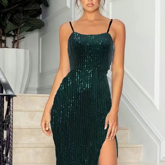 Luxe slit thigh party formal prom wedding gown sequins gown dress LAST PACK - Picture 4 of 4